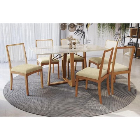 Conjunto Mesa Elma Premium Madeira Maciça C/ Tampo Madeirado C/ Vidro 160x90cm e 6 Cadeiras Lara