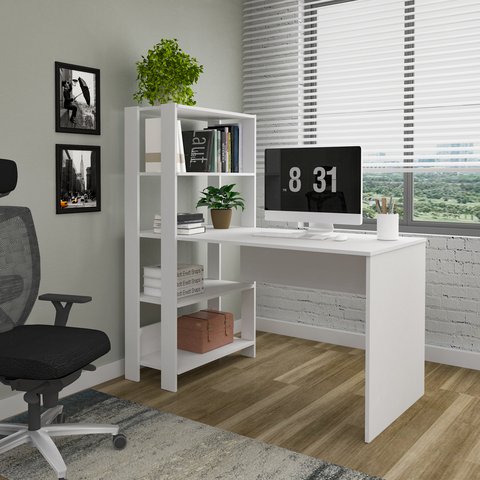 Escrivaninha Mesa Escritório com Estante Match 4 Prateleiras 120cm Branco
