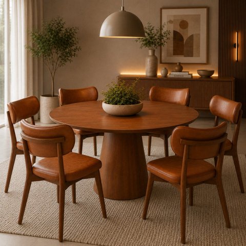 Conjunto Sala de Jantar Moderno Estofado 6 Cadeiras Courino Carina Mesa Redonda Austrália