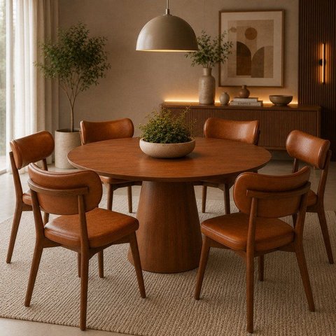 Conjunto Sala de Jantar Moderno Estofado 6 Cadeiras Courino Carina Mesa Redonda Austrália 140cm