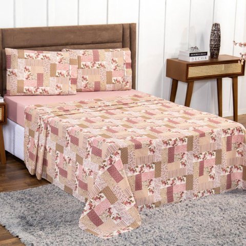 Jogo de Lençol Casal King 4 Peças 100% Algodão Floral Rosê