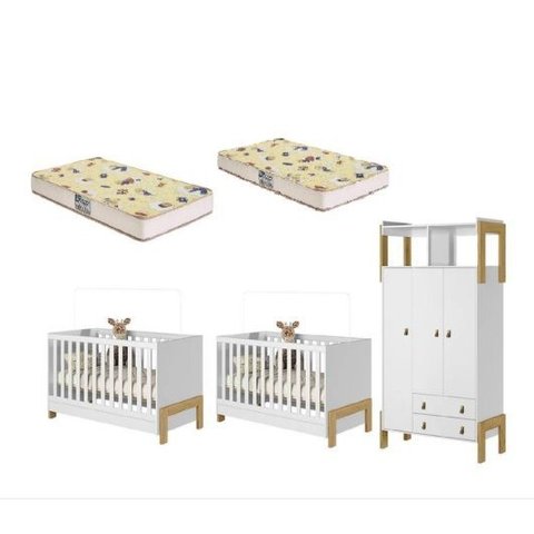 Jogo de Quarto Infantil Kit Gêmeos com 2 Berços 2 Colchão e Roupeiro Fantasia - Móveis Leartam