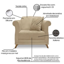 Kit 2 Poltronas e Sofá Living 2 Lugares 1,80m Vênus Linho Dourado Pés Castanho - Pallazio - 7