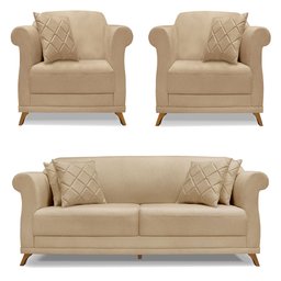 Kit 2 Poltronas e Sofá Living 2 Lugares 1,80m Vênus Linho Dourado Pés Castanho - Pallazio - 1