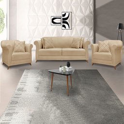Kit 2 Poltronas e Sofá Living 2 Lugares 1,80m Vênus Linho Dourado Pés Castanho - Pallazio - 2