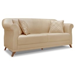 Kit 2 Poltronas e Sofá Living 2 Lugares 1,80m Vênus Linho Dourado Pés Castanho - Pallazio - 3