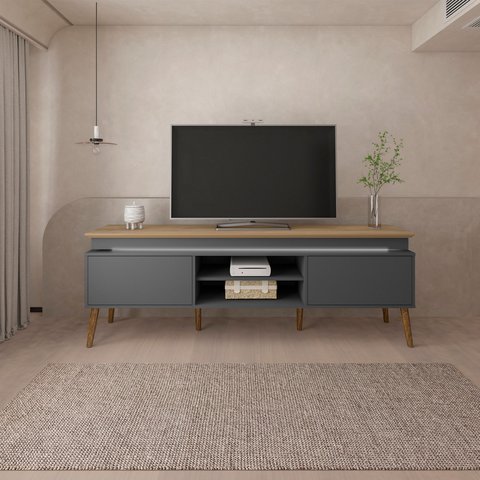 Rack para TV até 75 Polegadas com LED MDF 180cm Pés em Madeira Maciça 2 Portas e Lumina Bege