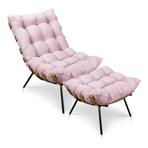 Kit Poltrona Costela com Puff para Sala Suede Rosa Bebê