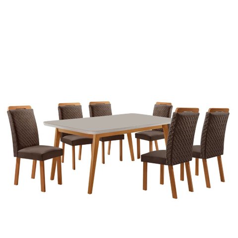 Mesa de Jantar Copper 180cm Madeira Tampo Vidro Canto Copo com 6 Cadeiras Aline