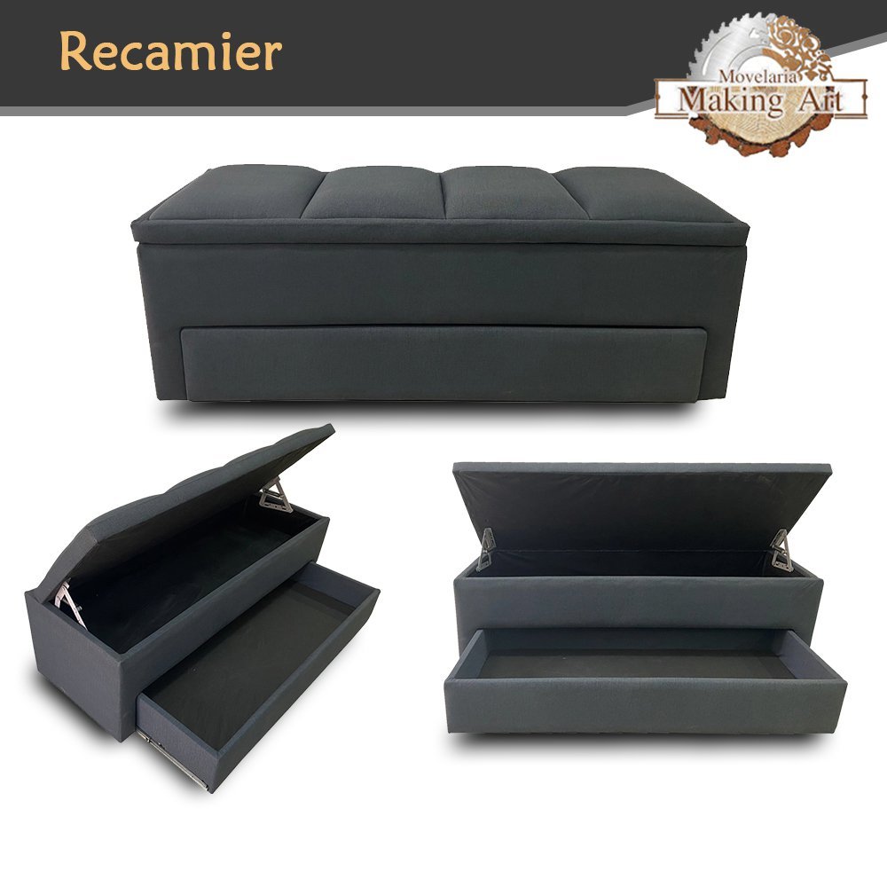 Recamier Baú c/ Sapateira Para Cama King PÓLUX 195cm Estofada Tecido Sintético Cinza - Making - 2