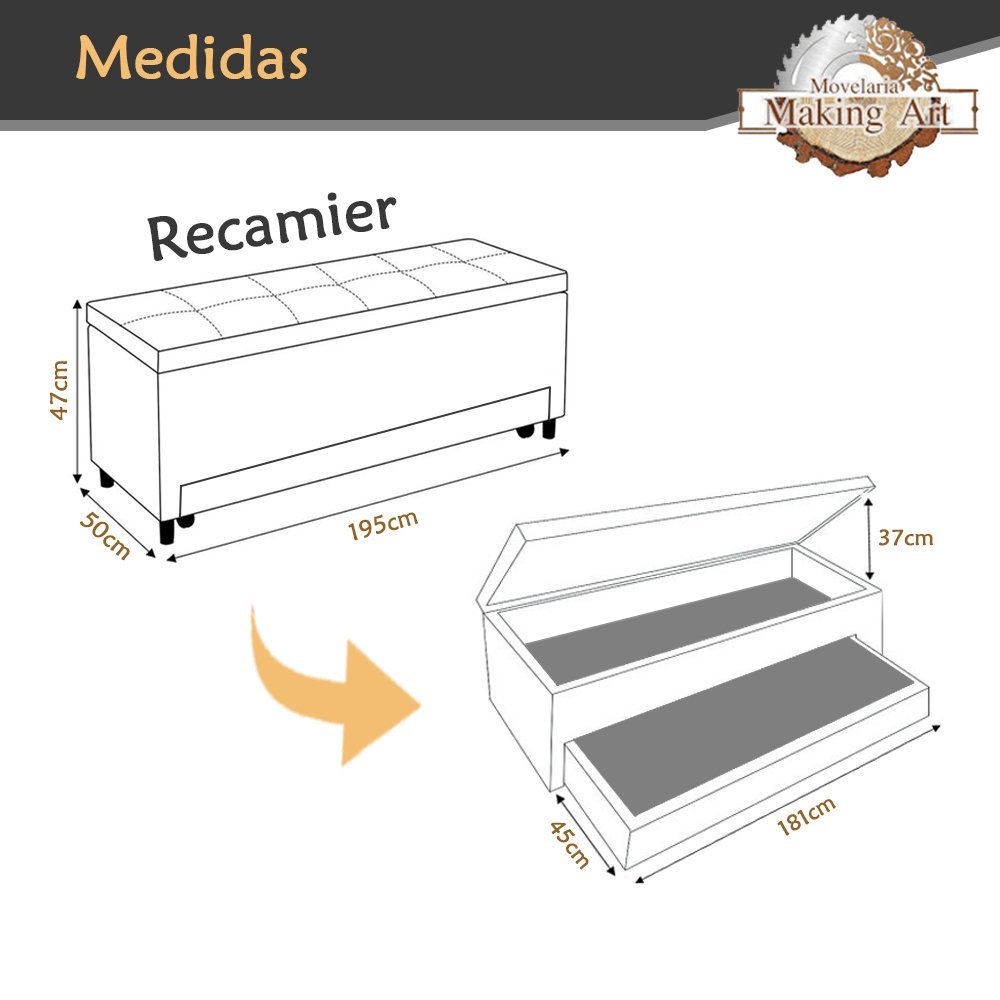 Recamier Baú c/ Sapateira Para Cama King PÓLUX 195cm Estofada Tecido Sintético Cinza - Making - 3