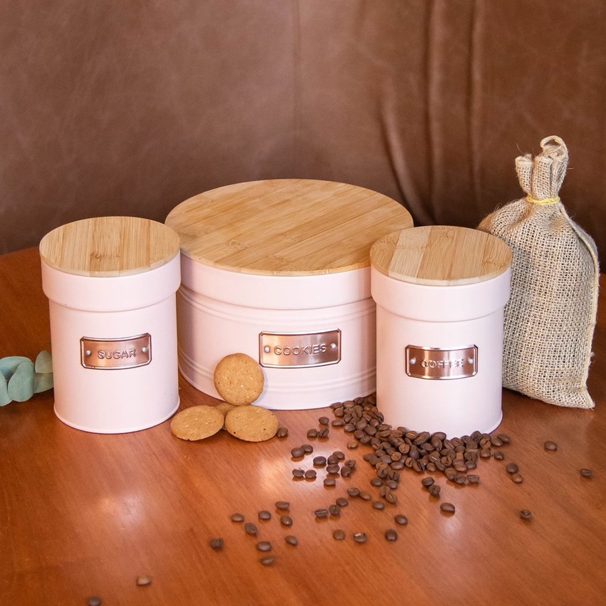 Conjunto 4 Latas Decorativas Sugar Coffee Biscuit Utensils em Metal com Tampas de Bambu Yoi Rosa - 4