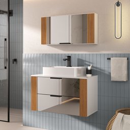 Conjunto Gabinete Banheiro Taos 80cm (armário + Cuba + Espelheira + Tampo Vidro) - 1
