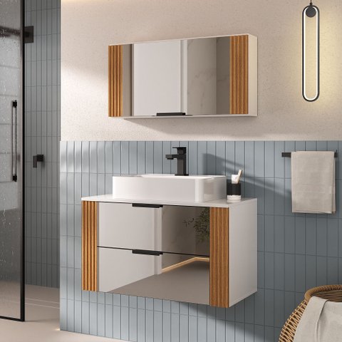 Conjunto Gabinete Banheiro Taos 80cm (armário + Cuba + Espelheira + Tampo Vidro)