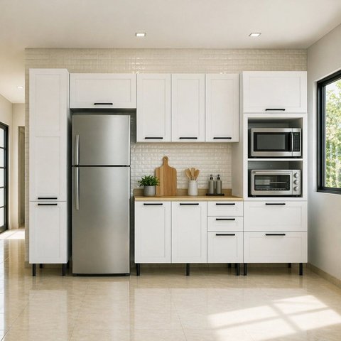 Cozinha Completa Americana 6 Peças com Paneleiro Torre Quenta e Bacão com Tampo 100% MDF Grazi