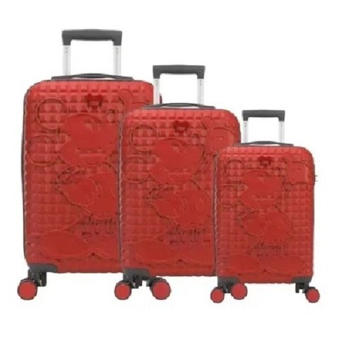 Conjunto com 3 Malas para Viagem Mickey Mouse Vermelha - Pk Luxcell - Material em Abs