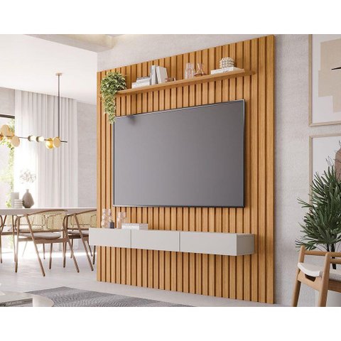 Painel Quarto P/ Tv até 65 Pol Maragogi Ripado C/ 1 Porta e 2 Gavetas 185x220cm Nature/off White -