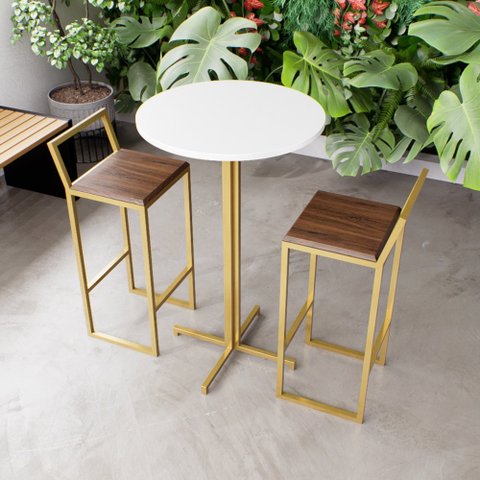 Jogo Mesa Alta Bistrô Redonda Branca 2 Banquetas Imbuia Confort Industrial Dourado Don Castro Decor 