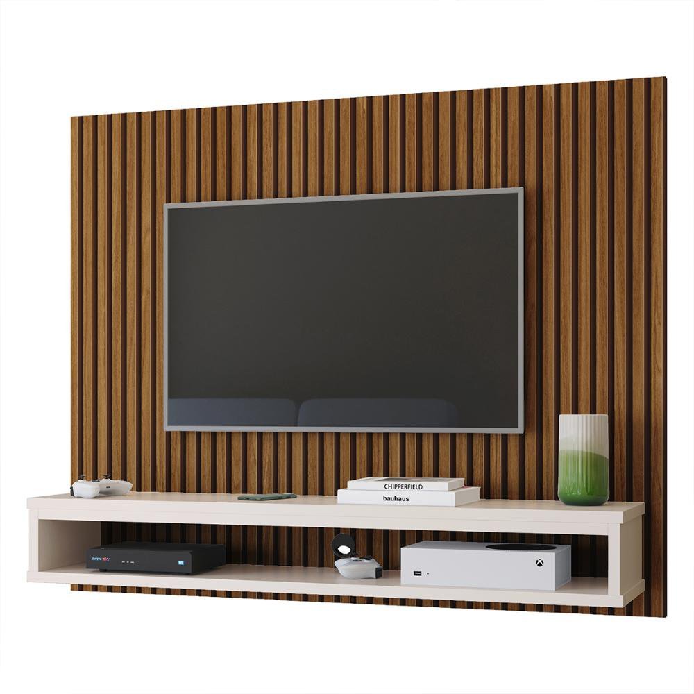 Painel Cissa Tv 32 36 39 40 42 46 47 50 Polegadas Prateleira Nicho Quarto Sala - Ripado/off White