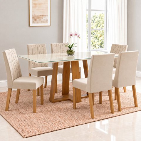 Conjunto Sala de Jantar Mesa Lisa 160cm Tampo MDF Vidro Canto Reto 6 Cadeiras Flavia