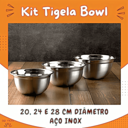 Kit 03 Tigelas Bowl Multiuso 20 24 e 28cm Diâmetro Aço Inox Bacia Culinaria de Cozinha Saladas Massa - 8