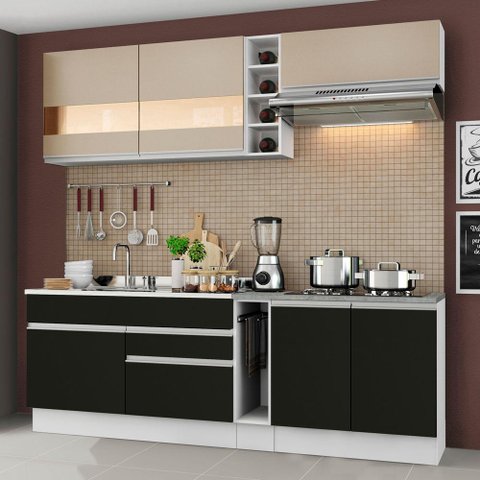 Armário de Cozinha Completa 220cm Branco/Preto/Crema Parma Madesa 02