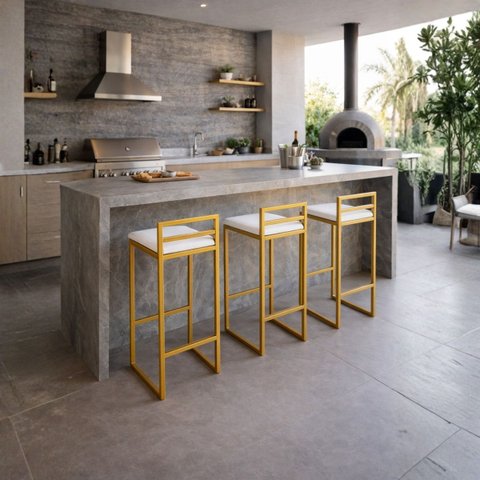 Kit 3 Banqueta Alta Moderna Dourada com Assento Branco