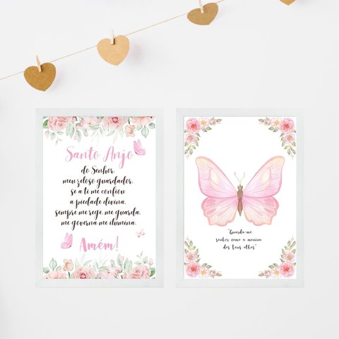 Kit 2 Quadros Infantis Menina Borboleta Rosa - Cristão 45x34cm:moldura Branca