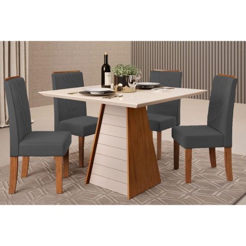 Sala de Jantar Completa Fler Tampo Madeirado C/ Vidro 90x90cm e 4 Cadeiras Zoe Freijo/off White -