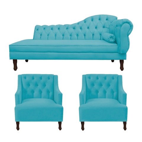 Kit Divã Cancun 140 Cm Braço Esquerdo + 2 Poltronas Genesis Azul Turquesa