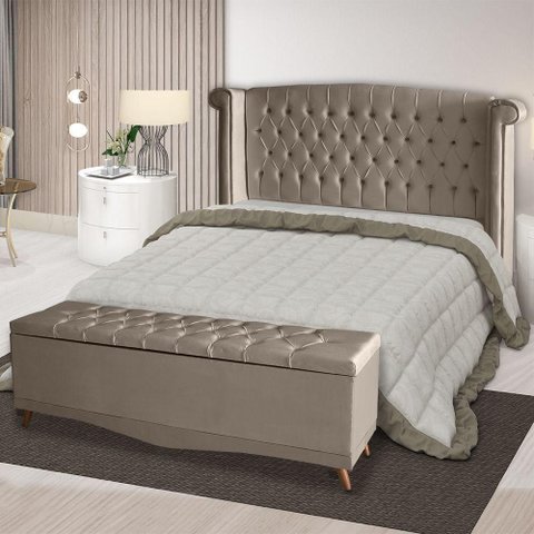 Kit de Quarto Cabeceira de Cama Box e Calçadeira Baú Toquio Casal Queen 160 Cm Suede Capuccino do