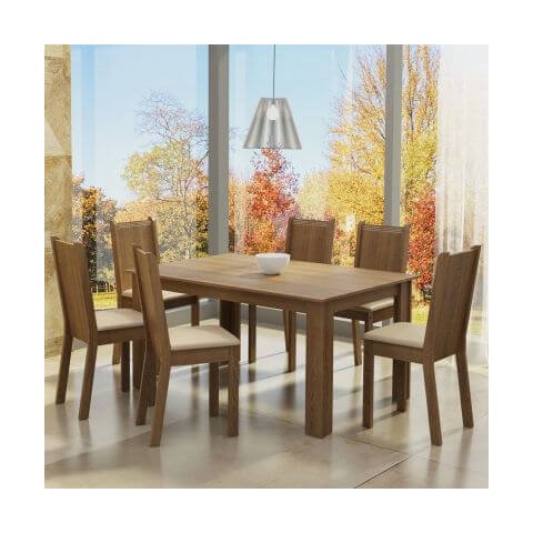 Conjunto Sala de Jantar Madesa Analu Mesa Tampo de Madeira com 6 Cadeiras Rustic/Pérola Cor:Rustic/P