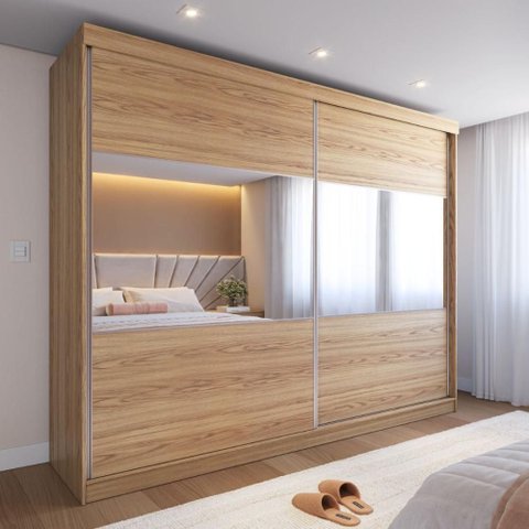 Guarda Roupa Gavino Casal 2 Portas de Correr Espelho 238cm Carvalho