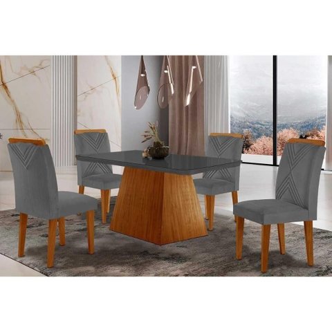 Sala de Jantar Completa Luna Tampo Madeirado C- Vidro Canto Curvo 120x80 e 4 Cadeiras Amsterdã