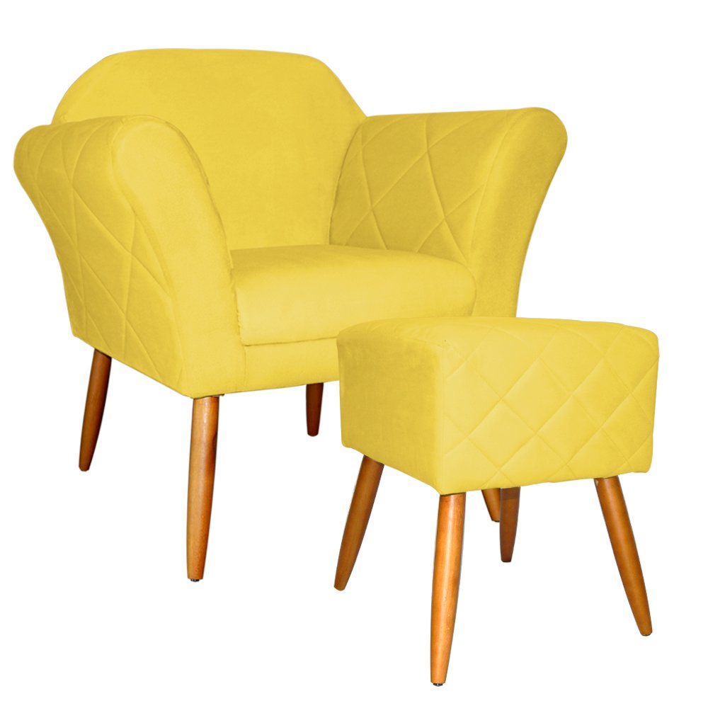 Kit Poltrona Decorativa Marcela Mais Puff Isabela Pés Palito Suede Amarelo - DS Estofados - 1