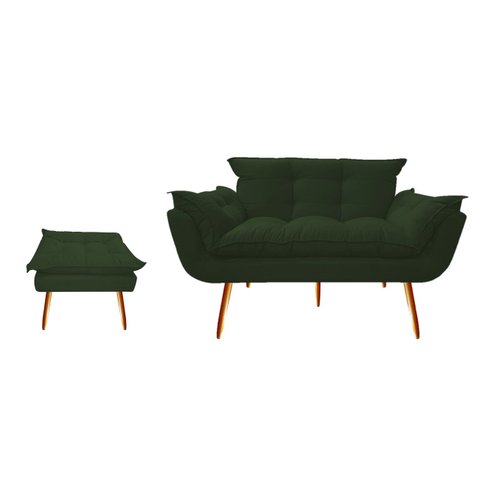 Kit Namoradeira +1 Puff Puf Decorativo Opala Suede Verde Pés Madeira Mz Decor