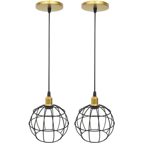 2 Pendentes Aramado Globo Preto Luminária Lustre Industrial Teto Vintage Dourado Agp Ilumini