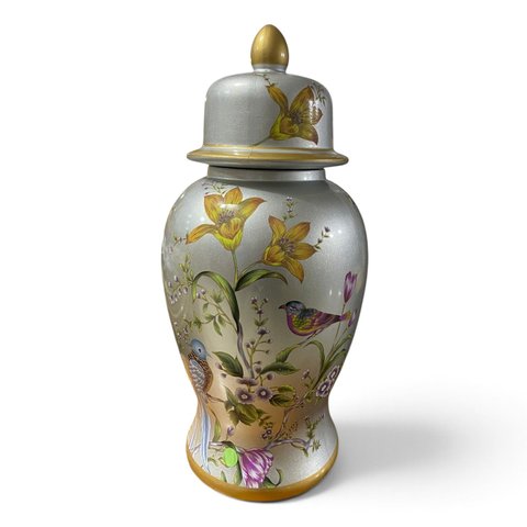 Potiche Decorativo Prata com Pintura Floral a: 59cm L: 28cm C: 28cm