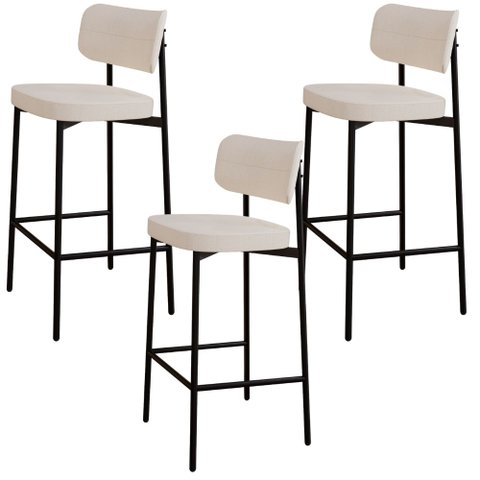 Kit 03 Banquetas Alta Bar Cozinha Sala de Jantar Aço Preto Kaira C01 Linho Palha - Lyam Decor