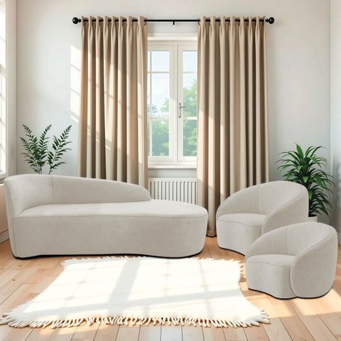 Kit Divã Recamier Orgânico França 140cm Lado Direito e 2 Poltronas Amore Linho