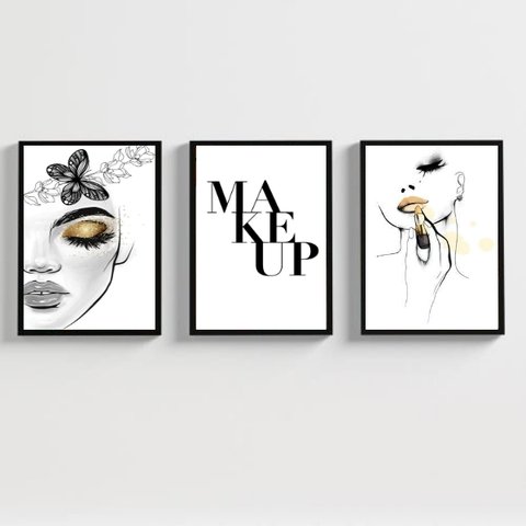 Kit 3 Quadros Decorativos Makeup Maquiagem 24x18cm - com Vidro:madeira Branca