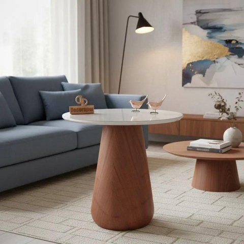 Mesa de Canto Cone Redondo MDF 70cm Off White Decoraper