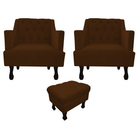 Kit 2 Poltronas Decorativa Julia + Puff Luis Xv Couro Marrom Pés Madeira Mz Decor