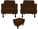Ver imagem 1 de Kit 2 Poltronas Decorativa Julia + Puff Luis Xv Couro Marrom Pés Madeira Mz Decor