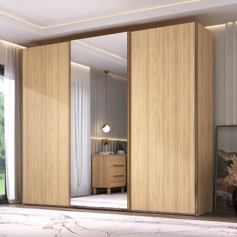 Guarda Roupa Casal 3 Portas Correr 6 Gavetas MDF Espelho Olmo