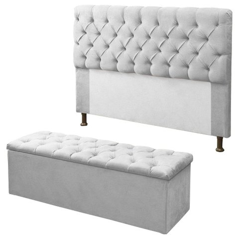 Kit Cabeceira + Calçadeira Baú Sofia Casal 140cm Corino Branco