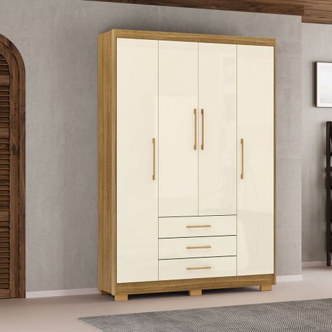 Guarda Roupa Solteiro Linna 150cm 4 Portas de Bater 3 Gavetas Nature/offwhite G98 - Gran Belo