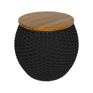 Puff Barril Alumínio Tampo Madeira Corda Náutica Preto