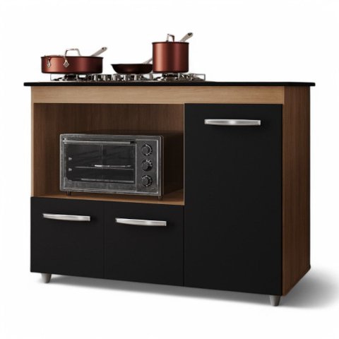 Balcão para Cooktop Anna 114cm 03 Portas com Tampo Recortado Savana Preto - Desk Design