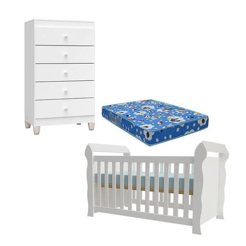 Berço Americano Lara com Colchão para Berço Americano e Cômoda Gaveteiro Ternura Baby Branco Brilho 